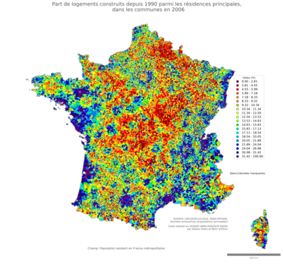 Part de logements construits depuis 1990 parmi les résidences principales - com2006
Mots-clés: résidence et logement;conditions d-existence;communes