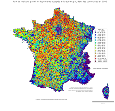 Part de maisons parmi les logements occupés à titre principal - com2006
Mots-clés: résidence et logement;conditions d-existence;communes