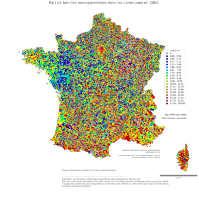 Part de familles monoparentales - com2006
Mots-clés: famille et enfants;conditions d-existence;communes