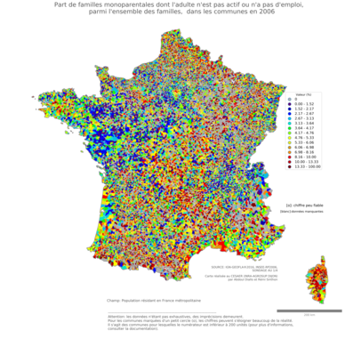 Part de familles monoparentales dont l'adulte n'est pas actif ou n'a pas d'emploi, parmi l’ensemble des familles - com2006
Mots-clés: famille et enfants;conditions d-existence;classes populaires;communes