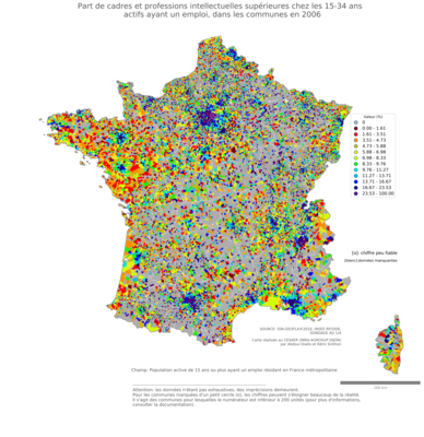 Part de cadres et professions intellectuelles supérieures chez les 15'34 ans actifs ayant un emploi - com2006
Mots-clés: profession;âge;classes supérieures;communes