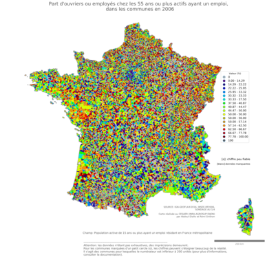 Part d'ouvriers ou employés chez les 55 ans ou plus actifs ayant un emploi - com2006
Mots-clés: profession;âge;classes populaires;communes