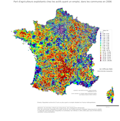 Part d'agriculteurs exploitants chez les actifs ayant un emploi - com2006
Mots-clés: profession;sexe;femmes;fonction publique ou indépendance;communes