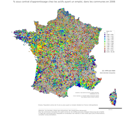 % sous contrat d'apprentissage chez les actifs ayant un emploi - com2006
Mots-clés: conditions de travail et d-emploi;classes populaires;communes