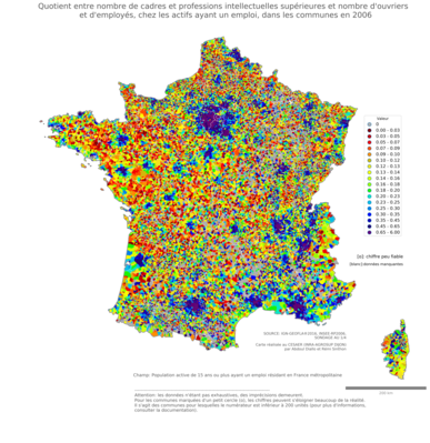 Quotient entre nombre de cadres et professions intellectuelles supérieures et nombre d'ouvriers et d'employés, chez les actifs ayant un emploi - com2006
Mots-clés: profession;classes supérieures;classes populaires;communes