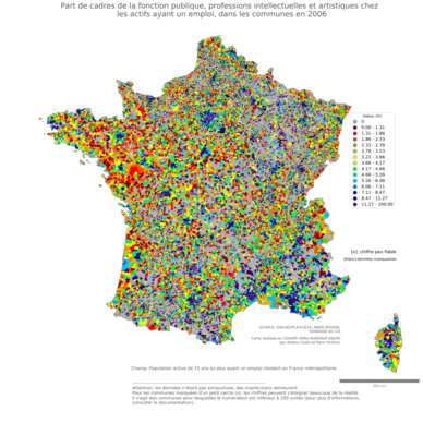 Part de cadres de la fonction publique, professions intellectuelles et artistiques chez les actifs ayant un emploi - com2006
Mots-clés: profession;classes supérieures;fonction publique ou indépendance;communes