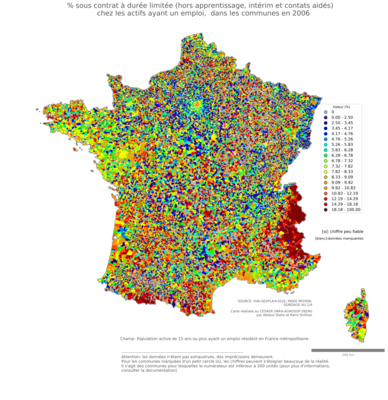 % sous contrat à durée limitée (hors apprentissage, intérim et contats aidés)  chez les actifs ayant un emploi - com2006
Mots-clés: conditions de travail et d-emploi;communes