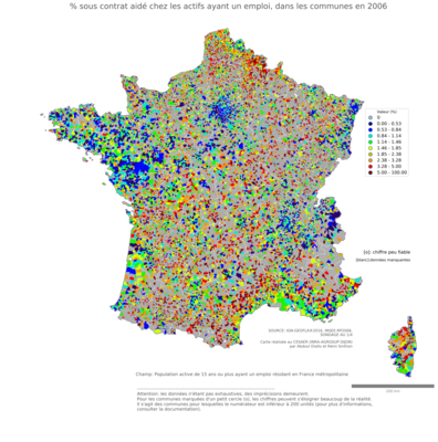 % sous contrat aidé chez les actifs ayant un emploi - com2006
Mots-clés: conditions de travail et d-emploi;classes populaires;communes