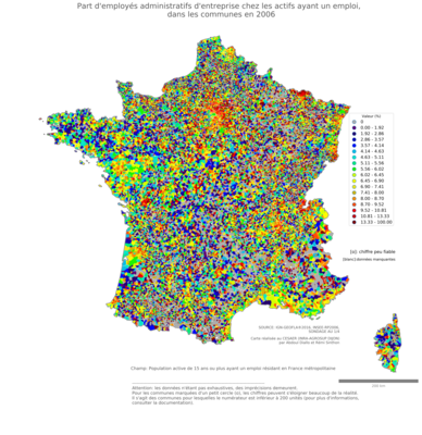 Part d'employés administratifs d'entreprise chez les actifs ayant un emploi - com2006
Mots-clés: profession;classes populaires;communes