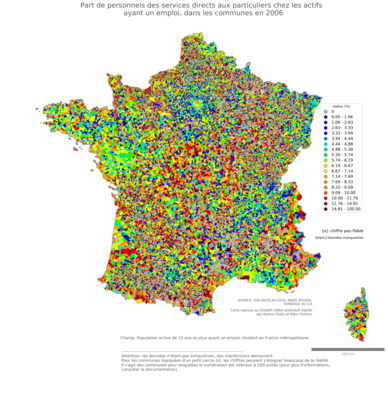 Part de personnels des services directs aux particuliers chez les actifs ayant un emploi - com2006
Mots-clés: profession;classes populaires;communes