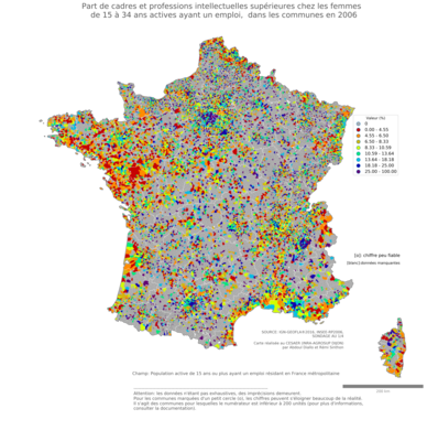 Part de cadres et professions intellectuelles supérieures chez les femmes de 15 à 34 ans actives ayant un emploi - com2006
Mots-clés: profession;sexe;femmes;âge;classes supérieures;communes