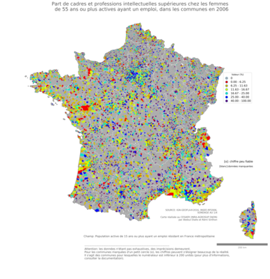 Part de cadres et professions intellectuelles supérieures chez les femmes de 55 ans ou plus actives ayant un emploi - com2006
Mots-clés: profession;sexe;femmes;âge;classes supérieures;communes