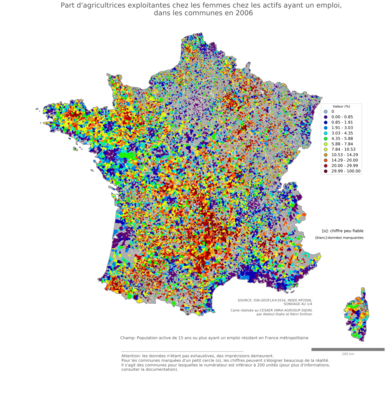 Part d'agricultrices exploitantes chez les femmes chez les actifs ayant un emploi - com2006
Mots-clés: profession;sexe;femmes;fonction publique ou indépendance;communes