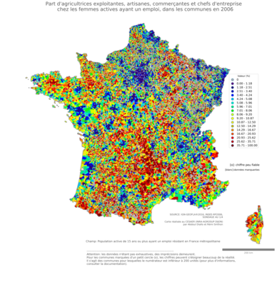 Part d'agricultrices exploitantes, artisanes, commerçantes et chefs d'entreprise chez les femmes actives ayant un emploi - com2006
Mots-clés: profession;sexe;femmes;fonction publique ou indépendance;communes