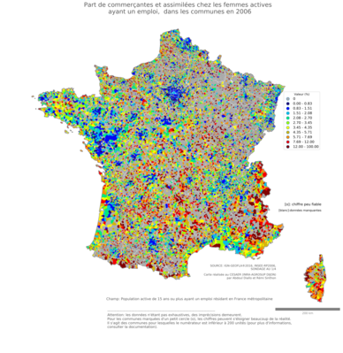 Part de commerçantes et assimilées chez les femmes actives ayant un emploi - com2006
Mots-clés: profession;sexe;femmes;fonction publique ou indépendance;communes