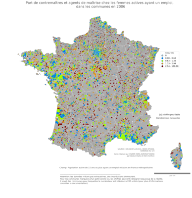 Part de contremaîtres et agents de maîtrise chez les femmes actives ayant un emploi - com2006
Mots-clés: profession;sexe;femmes;communes