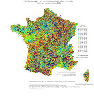 Part d'employées chez les femmes actives ayant un emploi - com2006
Mots-clés: profession;sexe;femmes;classes populaires;communes