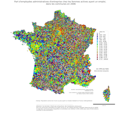 Part d'employées administratives d'entreprise chez les femmes actives ayant un emploi - com2006
Mots-clés: profession;sexe;femmes;classes populaires;communes