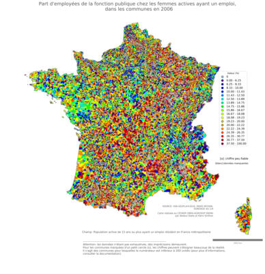 Part d'employées de la fonction publique chez les femmes actives ayant un emploi - com2006
Mots-clés: profession;sexe;femmes;classes populaires;fonction publique ou indépendance;communes