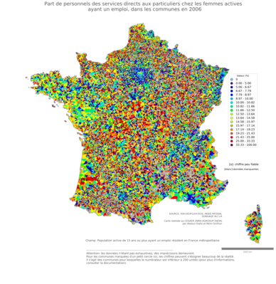 Part de personnels des services directs aux particuliers chez les femmes actives ayant un emploi - com2006
Mots-clés: profession;sexe;femmes;classes populaires;communes