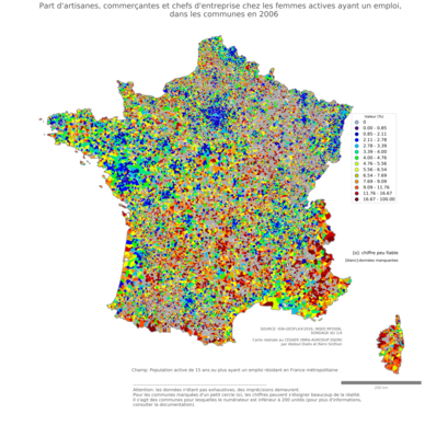 Part d'artisanes, commerçantes et chefs d'entreprise chez les femmes actives ayant un emploi - com2006
Mots-clés: profession;sexe;femmes;fonction publique ou indépendance;communes