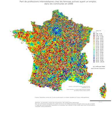 Part de professions intermédiaires chez les femmes actives ayant un emploi - com2006
Mots-clés: profession;sexe;femmes;communes