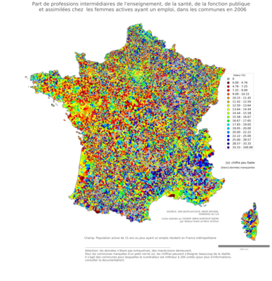 Part de professions intermédiaires de l'enseignement, de la santé, de la fonction publique et assimilées chez les femmes actives ayant un emploi - com2006
Mots-clés: profession;sexe;femmes;fonction publique ou indépendance;communes