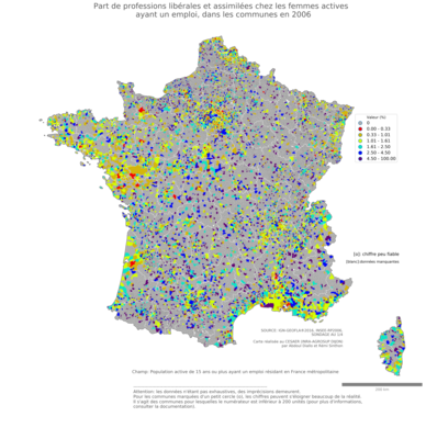 Part de professions libérales et assimilées chez les femmes actives ayant un emploi - com2006
Mots-clés: profession;sexe;femmes;classes supérieures;communes