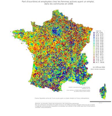 Part d'ouvrières et employées chez les femmes actives ayant un emploi - com2006
Mots-clés: profession;sexe;femmes;classes populaires;communes