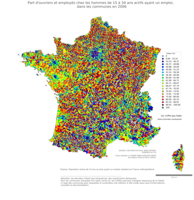 Part d'ouvriers et employés chez les hommes de 15 à 34 ans actifs ayant un emploi - com2006
Mots-clés: profession;sexe;hommes;âge;classes populaires;communes