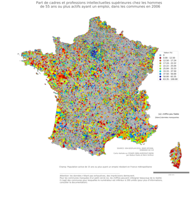 Part de cadres et professions intellectuelles supérieures chez les hommes de 55 ans ou plus actifs ayant un emploi - com2006
Mots-clés: profession;sexe;hommes;âge;classes supérieures;communes