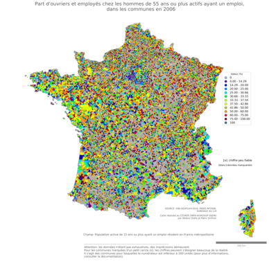 Part d'ouvriers et employés chez les hommes de 55 ans ou plus actifs ayant un emploi - com2006
Mots-clés: profession;sexe;hommes;âge;classes populaires;communes