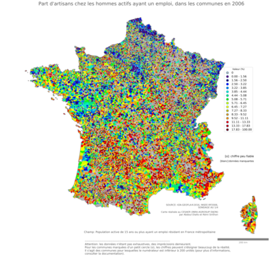 Part d'artisans chez les hommes actifs ayant un emploi - com2006
Mots-clés: profession;sexe;femmes;fonction publique ou indépendance;communes