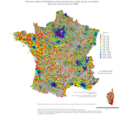 Part de cadres d'entreprise chez les hommes actifs ayant un emploi - com2006
Mots-clés: profession;sexe;femmes;classes supérieures;communes