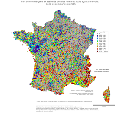 Part de commerçants et assimilés chez les hommes actifs ayant un emploi - com2006
Mots-clés: profession;sexe;femmes;fonction publique ou indépendance;communes