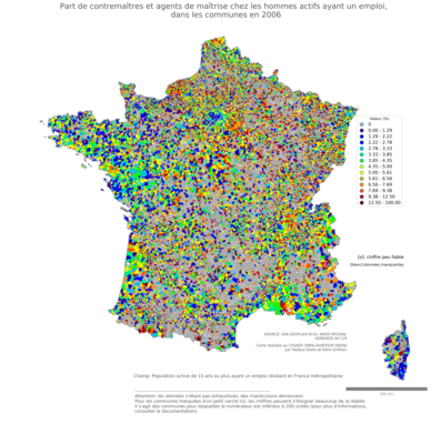 Part de contremaîtres et agents de maîtrise chez les hommes actifs ayant un emploi - com2006
Mots-clés: profession;sexe;femmes;communes