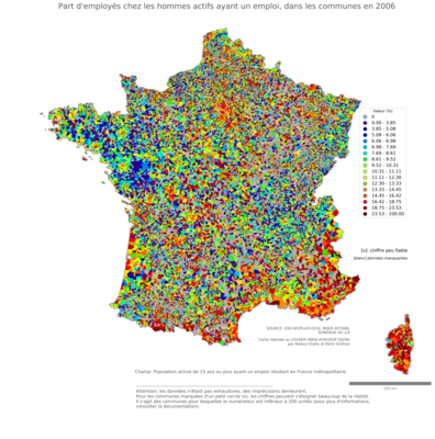 Part d'employés chez les hommes actifs ayant un emploi - com2006
Mots-clés: profession;sexe;hommes;classes populaires;communes