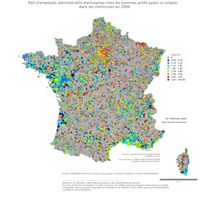 Part d'employés administratifs d'entreprise chez les hommes actifs ayant un emploi - com2006
Mots-clés: profession;sexe;femmes;classes populaires;communes