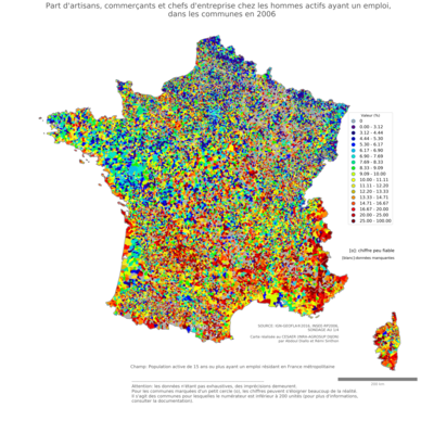 Part d'artisans, commerçants et chefs d'entreprise chez les hommes actifs ayant un emploi - com2006
Mots-clés: profession;sexe;hommes;fonction publique ou indépendance;communes