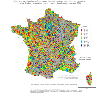 Part de professions intermédiaires administratives et commerciales des entreprises chez les hommes actifs ayant un emploi - com2006
Mots-clés: profession;sexe;femmes;communes