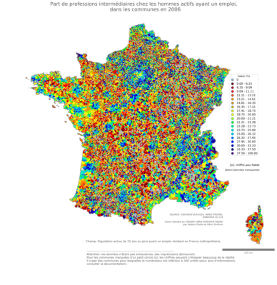 Part de professions intermédiaires chez les hommes actifs ayant un emploi - com2006
Mots-clés: profession;sexe;hommes;communes