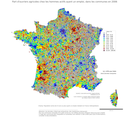 Part d'ouvriers agricoles chez les hommes actifs ayant un emploi - com2006
Mots-clés: profession;sexe;femmes;classes populaires;communes