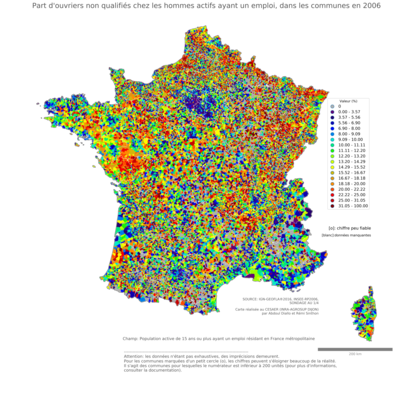 Part d'ouvriers non qualifiés chez les hommes actifs ayant un emploi - com2006
Mots-clés: profession;sexe;femmes;classes populaires;communes