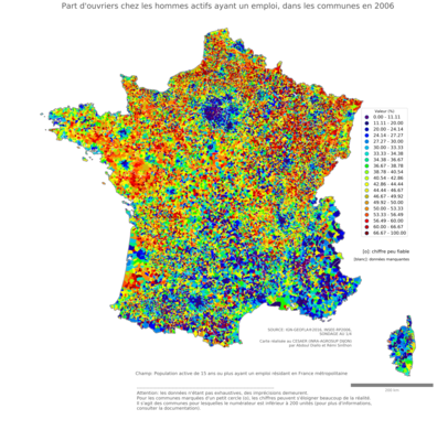 Part d'ouvriers chez les hommes actifs ayant un emploi - com2006
Mots-clés: profession;sexe;hommes;classes populaires;communes