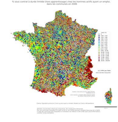 % sous contrat à durée limitée (hors apprentissage) chez les hommes actifs ayant un emploi - com2006
Mots-clés: conditions de travail et d-emploi;sexe;hommes;classes populaires;communes