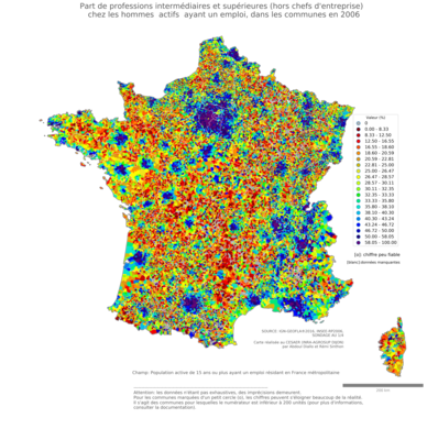 Part de professions intermédiaires et supérieures (hors chefs d'entreprise) chez les hommes actifs ayant un emploi - com2006
Mots-clés: profession;sexe;hommes;classes supérieures;communes