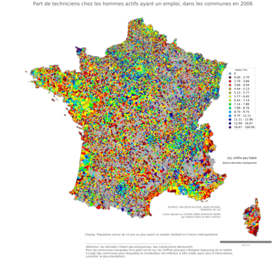 Part de techniciens chez les hommes actifs ayant un emploi - com2006
Mots-clés: profession;sexe;femmes;communes