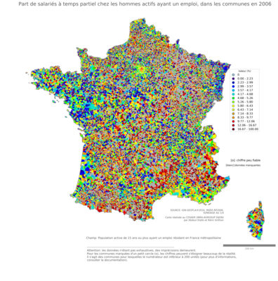 Part de salariés à temps partiel chez les hommes actifs ayant un emploi - com2006
Mots-clés: conditions de travail et d-emploi;sexe;hommes;communes