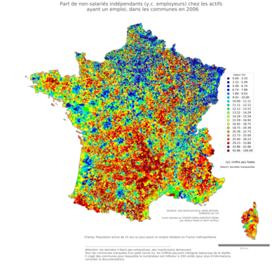 Part d'artisans, commerçants et chefs d'entreprise chez les actifs ayant un emploi - com2006
Mots-clés: profession;sexe;femmes;fonction publique ou indépendance;communes