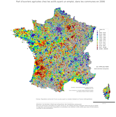 Part d'ouvriers agricoles chez les actifs ayant un emploi - com2006
Mots-clés: profession;classes populaires;communes